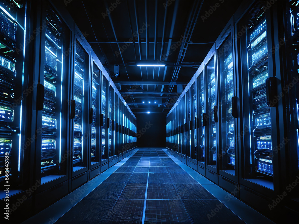 Server room with rows of racks and blue lighting Server room with rows of racks and blue lighting