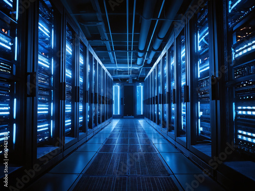 Server room with rows of racks and blue lighting
