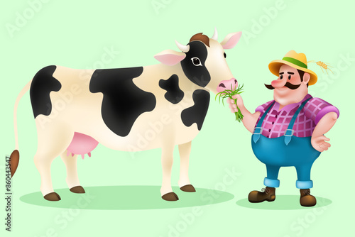 Cartoon farmer feeding cow with fresh grass . Cute white cow with black spots and man on green background. Vector illustration.
