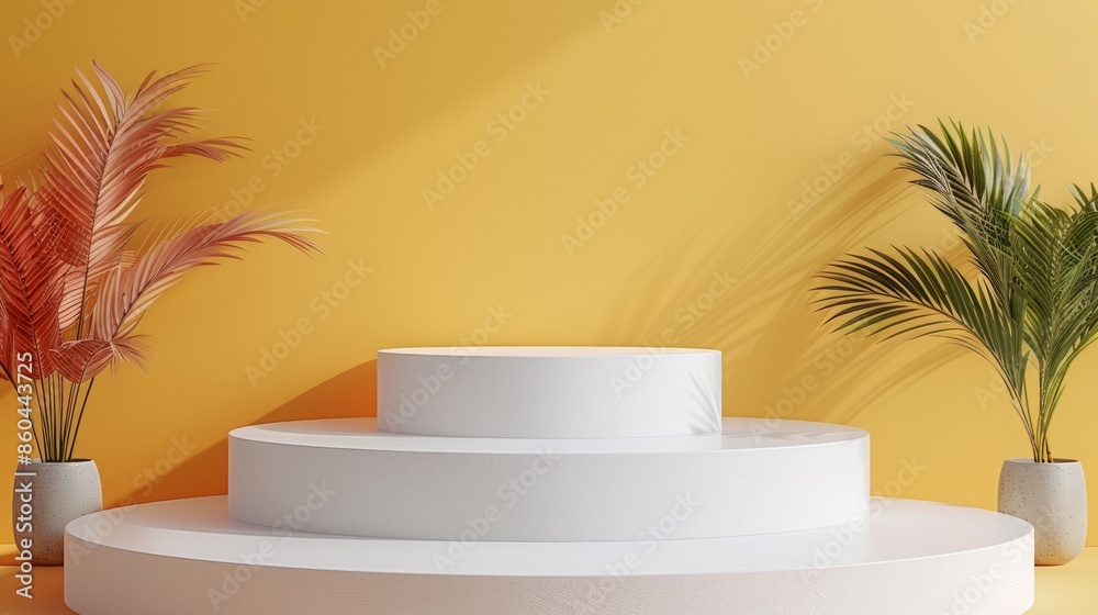 Minimalist White Pedestal with Tropical Plants Against Yellow Backdrop Minimalist White Pedestal with Tropical Plants Against Yellow Backdrop
