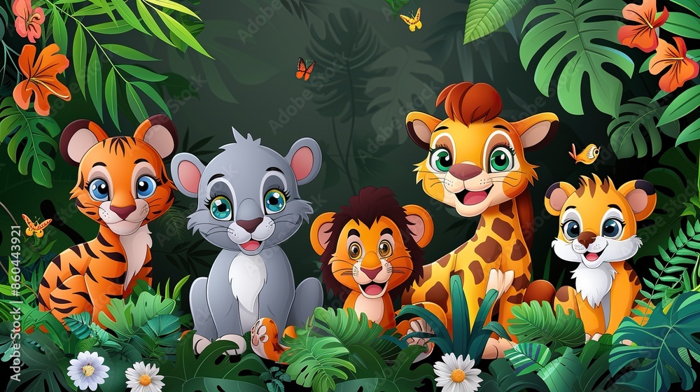 Cute cartoon tiger, lion, and leopard cubs in the jungle with butterflies and flowers. Cute cartoon tiger, lion, and leopard cubs in the jungle with butterflies and flowers.