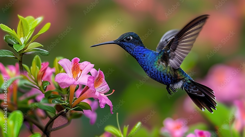 A stunning close-up of a hummingbird in flight, hovering near a flower. A stunning close-up of a hummingbird in flight, hovering near a flower.