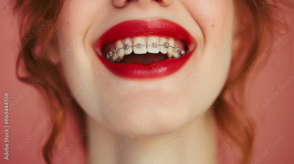 Close up Portrait of a happy smiling teenage girl with dental braces , teeth with braces, bite correction and orthodontist, health and medicine, dentistry, oral cavity, mouth