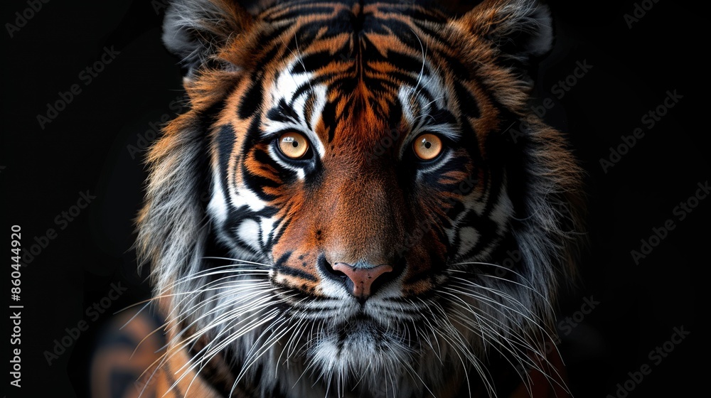 A stunning close-up portrait of a tiger, with its piercing yellow eyes and majestic fur, against a dark background. A stunning close-up portrait of a tiger, with its piercing yellow eyes and majestic fur, against a dark background.