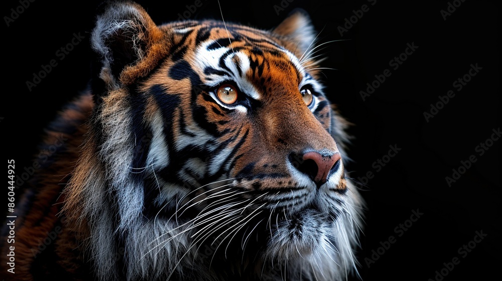 Fototapeta premium A stunning close-up portrait of a tiger, with its piercing golden eyes and majestic fur, against a dark background.