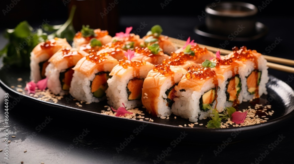 A beautiful display of sushi rolls, featuring fresh ingredients like salmon, avocado, and vegetables, garnished with roe and edible flowers on a stylish black plate. A beautiful display of sushi rolls, featuring fresh ingredients like salmon, avocado, and vegetables, garnished with roe and edible flowers on a stylish black plate.