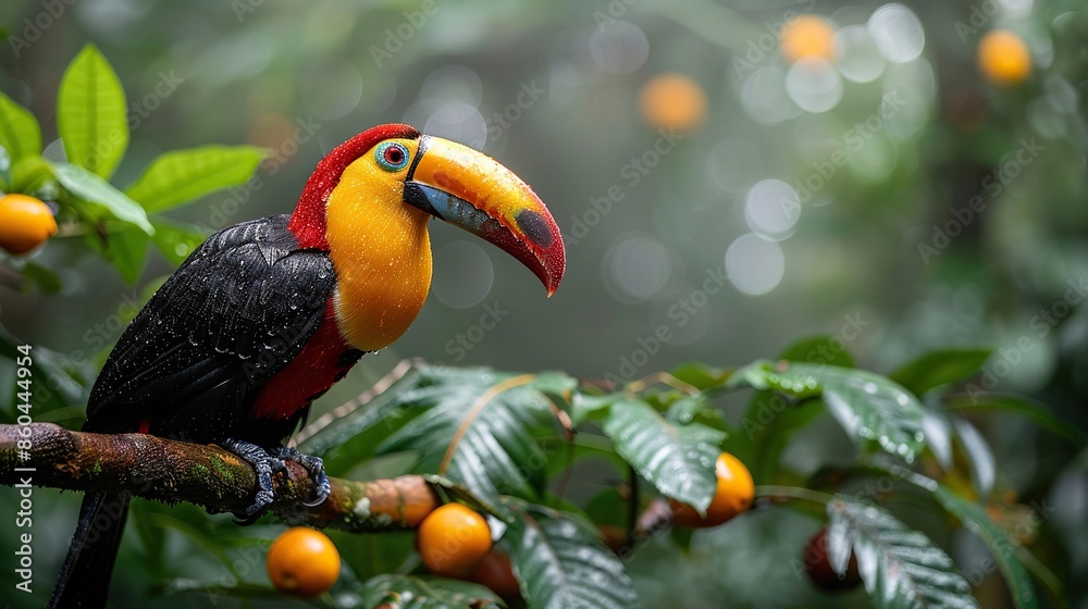 Fototapeta premium A brightly colored toucan perches on a branch in the rainforest.