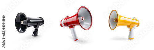 set of megaphones loud speakers in red blue and black and yellow for announcements and communication sale and promotion or protesting activist concepts, isolated transparent png background photo