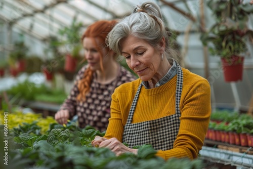 An elderly woman and her granddaughter working together in a greenhouse, tending to plants and enjoying quality time.