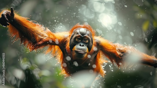 Orangutan in the wild. This image shows an orangutan in the wild, in a lush green jungle. The orangutan is in a tree, and is looking at the camera. photo