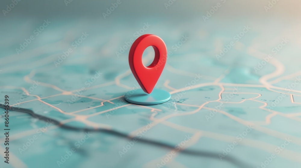 Obraz premium A minimalist image featuring a red location pin on a clean blue map background. The image is perfect for navigation apps, travel services, and digital maps. Generative AI