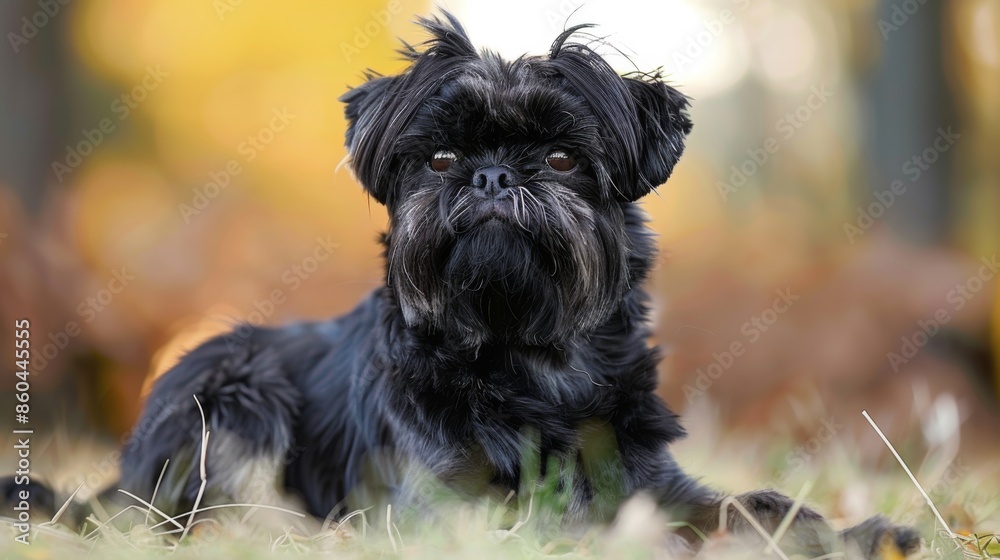 A black dog lays comfortably on the grass with autumn leaves in the background, capturing the warmth and tranquility of a scenic outdoor setting in the fall. A black dog lays comfortably on the grass with autumn leaves in the background, capturing the warmth and tranquility of a scenic outdoor setting in the fall.
