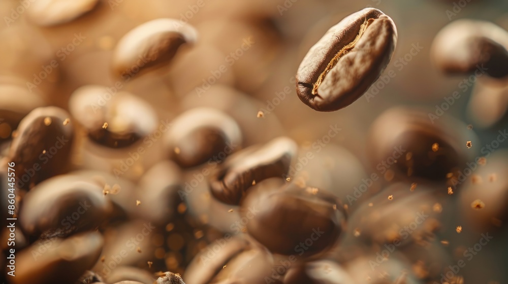 Obraz premium World Coffee Day. Coffee beans flying in the air. Close-up.