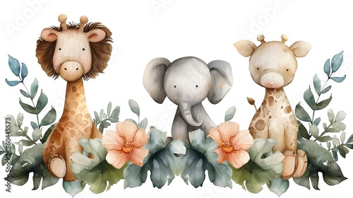 Watercolor illustration of cute baby animals including a giraffe, an elephant, and a lion with watercolor leaves and flowers.