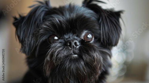 A cute black dog with shiny fur looking straight at the camera, displaying its innocent and expressive eyes, with a warm blurred background that adds charm to the portrait.