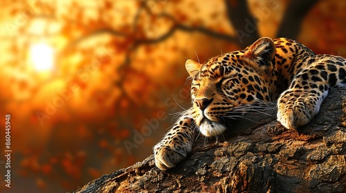 A beautiful leopardess is taking a nap on a tree branch in the middle of the jungle. photo