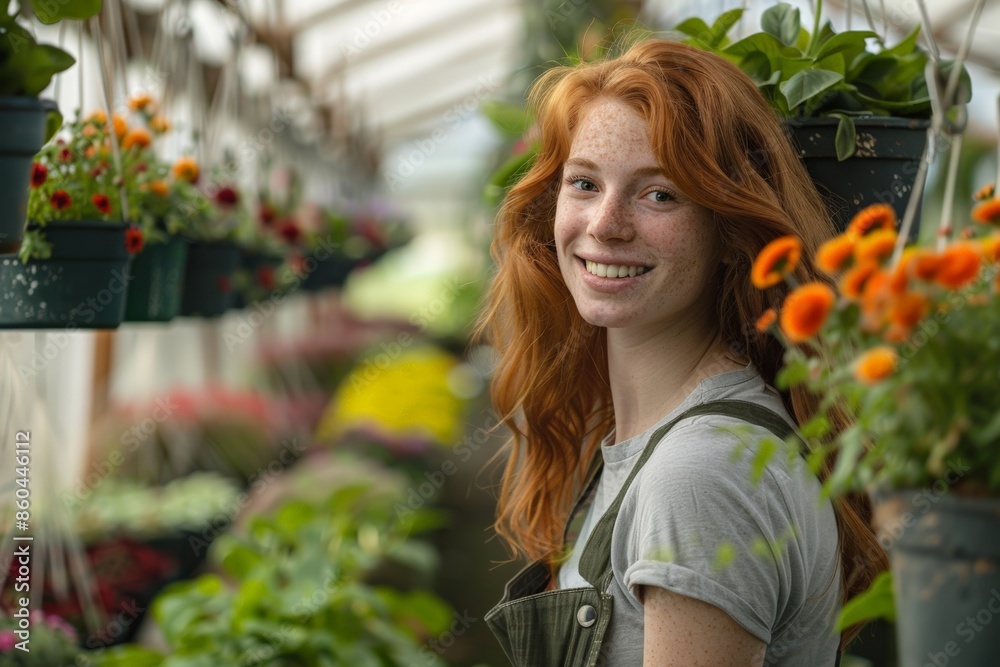 A red-haired woman carefully tends to potted flowers in a greenhouse, showcasing her dedication and passion for gardening amidst a variety of vibrant blooms.