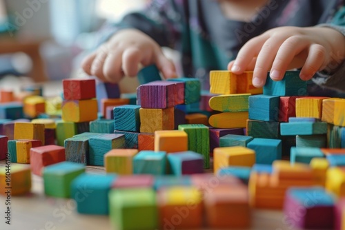 Child Building with Colorful Wooden Blocks