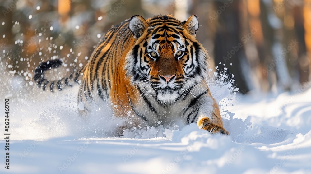 Obraz premium A powerful Siberian tiger charges through the snow in pursuit of its prey.