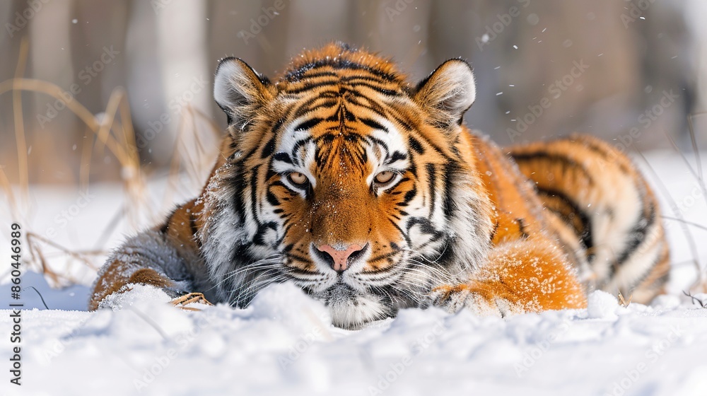 Obraz premium A tiger lying in the snow, looking at the camera with a calm expression.