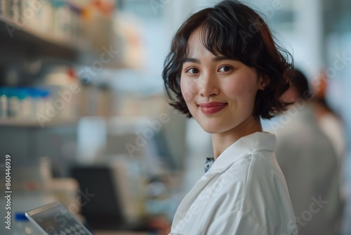 A smiling young scientist in a lab coat holding a tablet in a modern laboratory, exuding confidence and professionalism in a high-tech research environment.