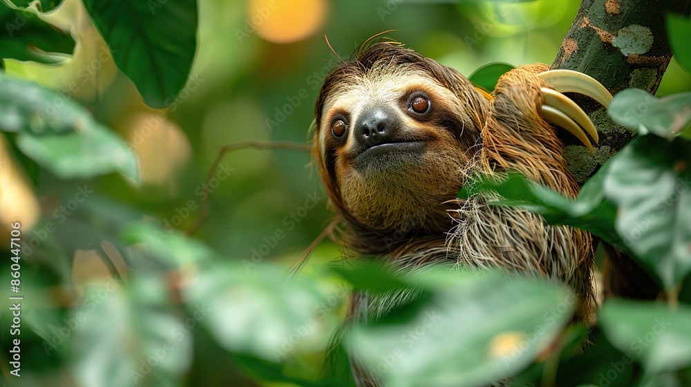 Obraz premium A wild sloth is hanging on a tree branch in the rainforest.
