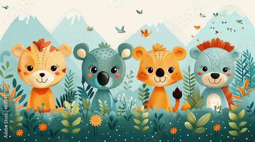 Four cute animals in the jungle: a lion, a koala, a tiger, and a bear. photo