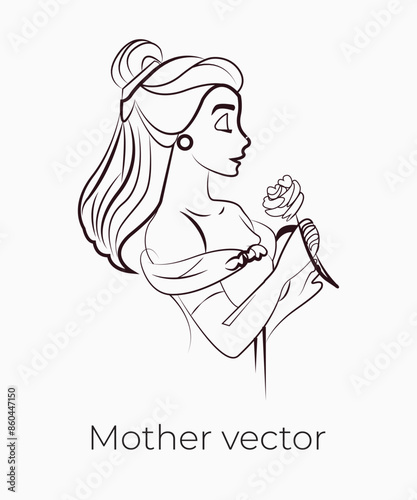 Handdrawn line art style mom and baby illustration art.