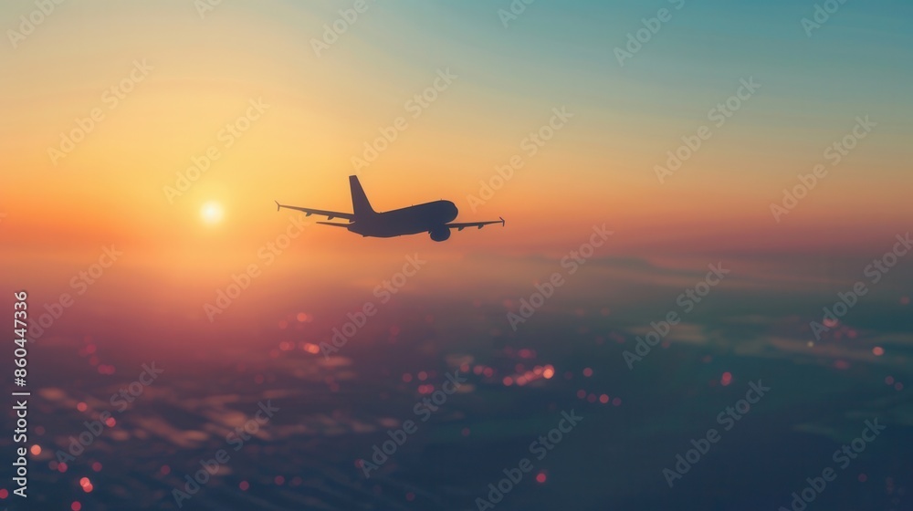A sleek, minimal silhouette of an airplane in flight against a vibrant sunset backdrop. Perfect for travel, aviation, and flight booking websites. Generative AI A sleek, minimal silhouette of an airplane in flight against a vibrant sunset backdrop. Perfect for travel, aviation, and flight booking websites. Generative AI