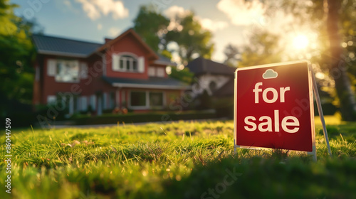 A red for sale real estate sign in front of a beautiful house with a green lawn and sunlight, photo