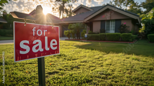 A red for sale real estate sign in front of a beautiful house with a green lawn and sunlight, photo