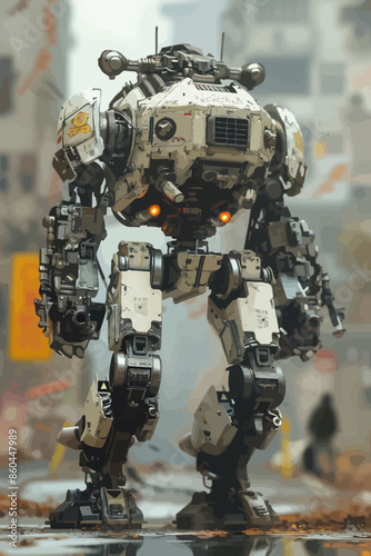 Robotic Titan in a Blurred Cityscape