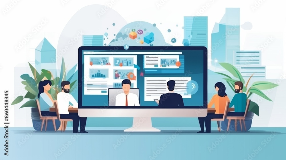 A digital workspace setup where individuals are participating in a virtual meeting, rendered on a large computer monitor showing various chat windows and information overlays. A digital workspace setup where individuals are participating in a virtual meeting, rendered on a large computer monitor showing various chat windows and information overlays.