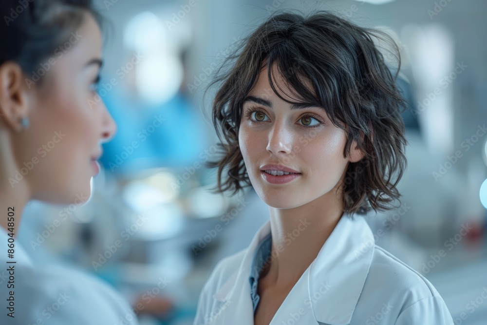 A young female scientist with short dark hair is in the laboratory, wearing a white lab coat. She has a focused expression while working on a scientific project. A young female scientist with short dark hair is in the laboratory, wearing a white lab coat. She has a focused expression while working on a scientific project.