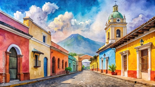 Watercolor painting of colorful buildings in Antigua Guatemala , watercolor, Antigua Guatemala, art, brushstrokes photo