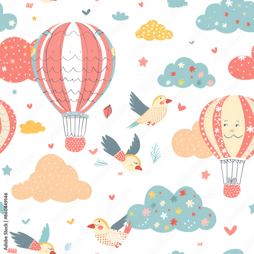 Fototapeta premium Cute Seamless Pattern with Hot Air Balloon and Clouds