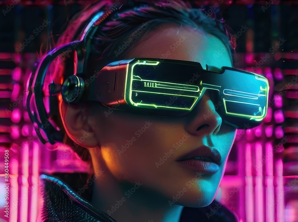 Close-up of a woman immersed in virtual reality, wearing a futuristic VR headset with vibrant neon lights in the background.