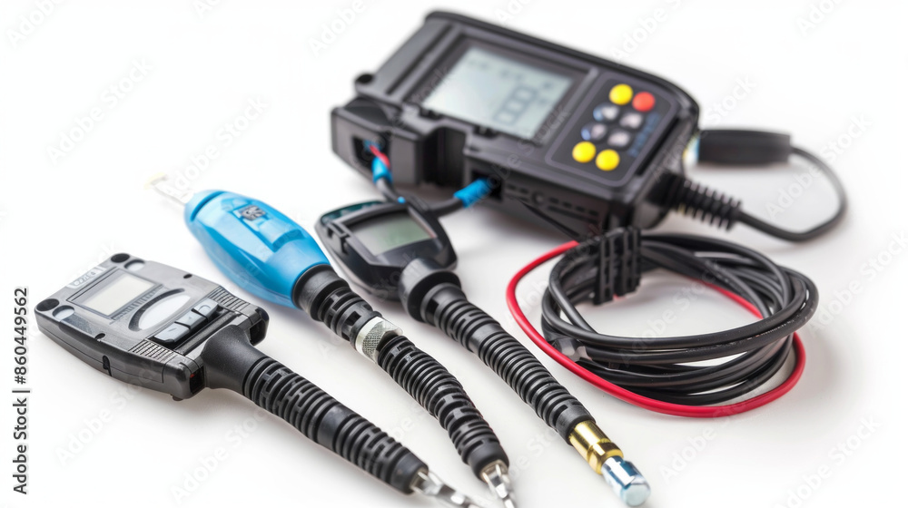 Diagnostic scan tools for reading vehicle trouble codes and diagnosing issues isolated on white background Diagnostic scan tools for reading vehicle trouble codes and diagnosing issues isolated on white background