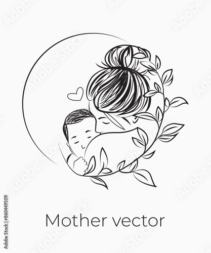 Handdrawn line art style mom and baby illustration art.