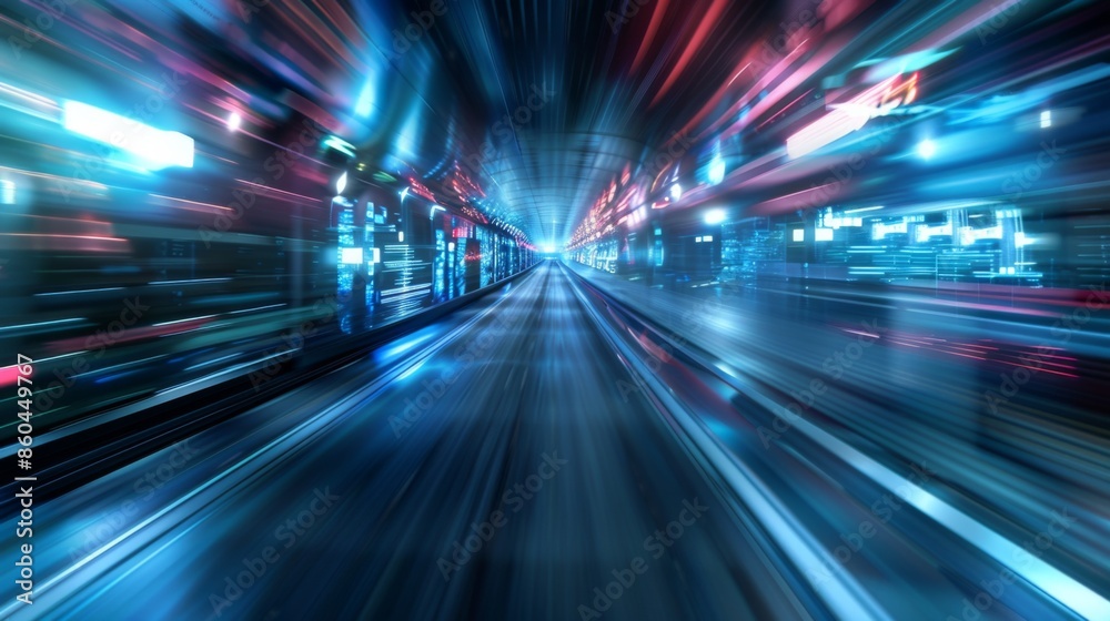 Image illustrating fast-paced neon lights moving along a linear path in a futuristic tunnel, evoking a sense of speed and advanced technology that shapes modern transport. Image illustrating fast-paced neon lights moving along a linear path in a futuristic tunnel, evoking a sense of speed and advanced technology that shapes modern transport.