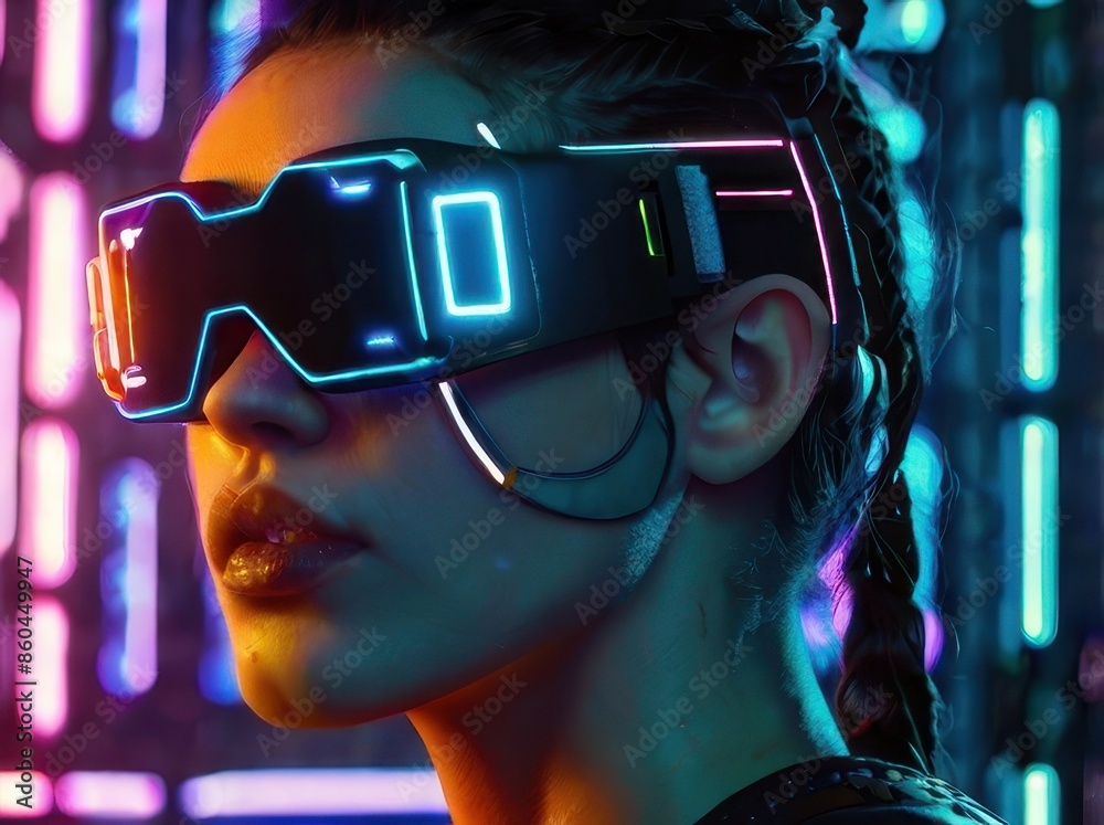 Close-up of a woman immersed in virtual reality, wearing a futuristic VR headset with vibrant neon lights in the background. Close-up of a woman immersed in virtual reality, wearing a futuristic VR headset with vibrant neon lights in the background.