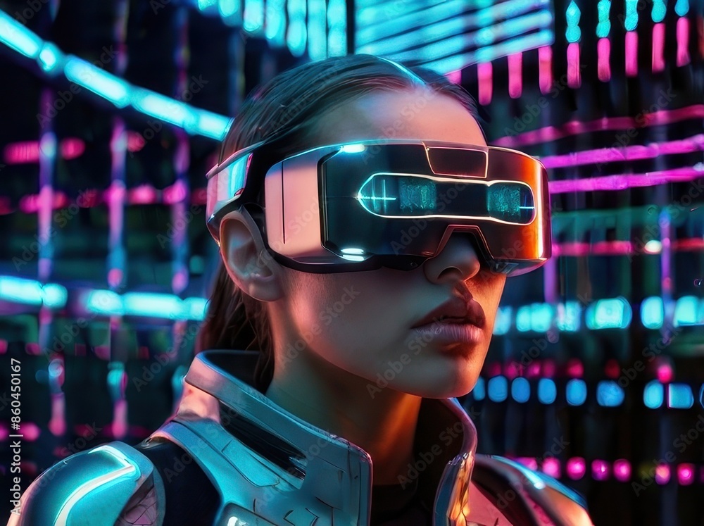 Close-up of a woman immersed in virtual reality, wearing a futuristic VR headset with vibrant neon lights in the background. Close-up of a woman immersed in virtual reality, wearing a futuristic VR headset with vibrant neon lights in the background.