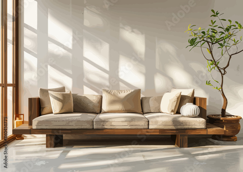 Modern Living Room Furniture with Wooden Sofa and Beige Pillows