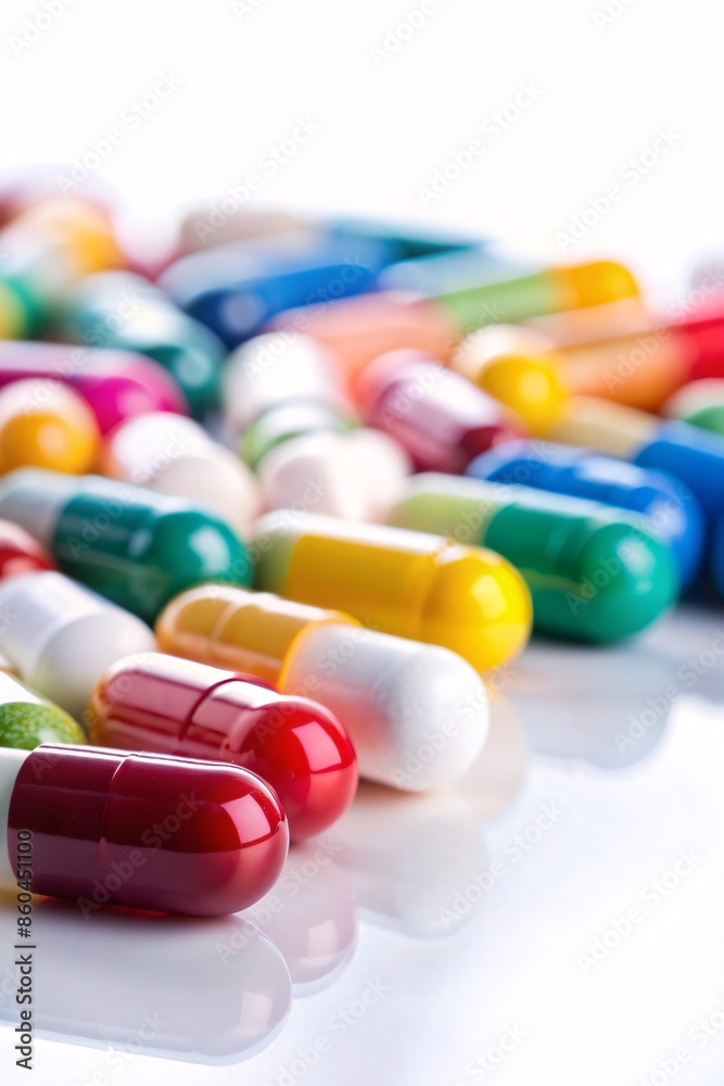 A close-up view of various colorful pills scattered across a clean, white surface. The pills come in a variety of shapes and sizes. A close-up view of various colorful pills scattered across a clean, white surface. The pills come in a variety of shapes and sizes.
