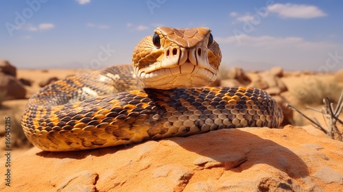 Reptiles in dry desert areas, poisonous wild animals in wild areas, the Arabian horned snake is one of the most poisonous and deadly animals in the Arabian desert. photo