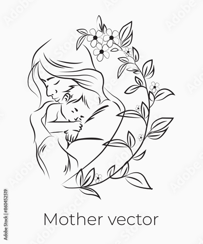 Handdrawn line art style mom and baby illustration art.
