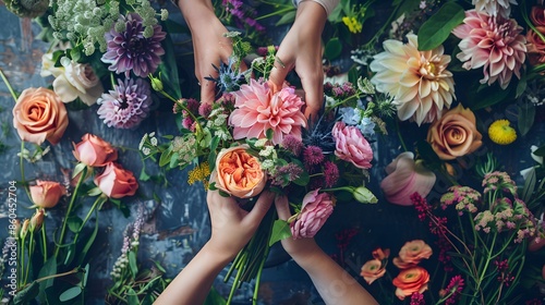Arranging Flowers: Hands arranging a bouquet of fresh flowers in a vase, with various flowers and leaves scattered around.
