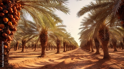 National local crops and products, palm plantations extending over large areas in the Emirates, harvests filled with ripe dates, luxurious Arabian Gulf dates. photo