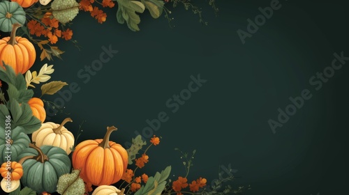 A stylish dark background featuring a top arrangement of pumpkins and autumn leaves, creating a vibrant and festive design suitable for seasonal projects and themes.