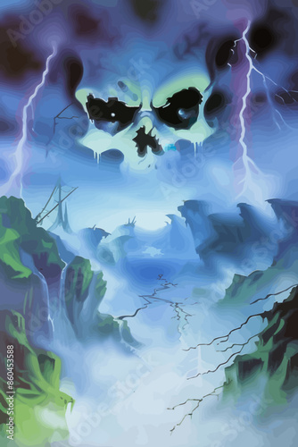Ethereal Stormscape: A Fantasy Artwork Featuring a Dark, Ominous Sky, a Giant Skull, and a Treacherous Landscape with Lightning and Storm Clouds